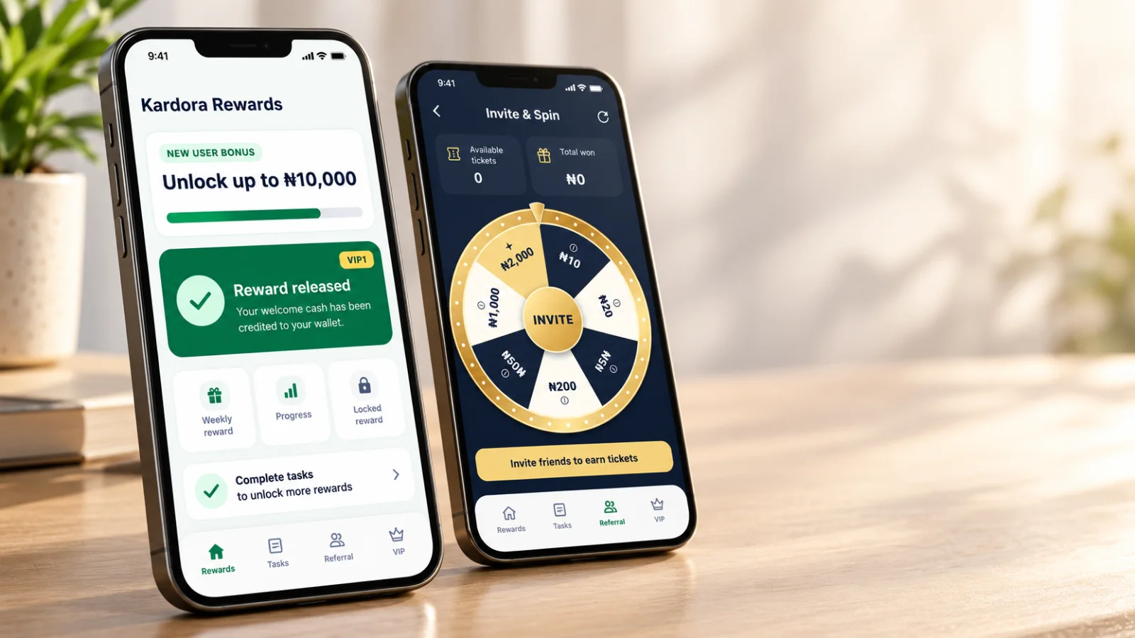 Two Kardora app screens showing a released welcome reward and the Invite & Spin wheel.