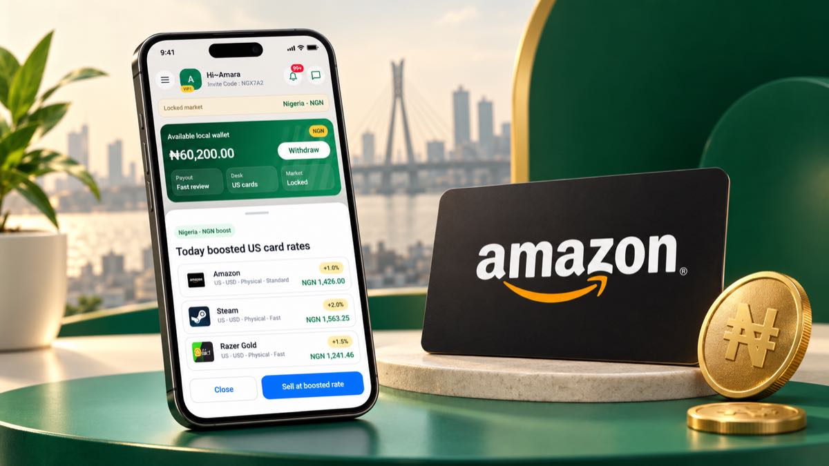 Kardora app rate screen beside an Amazon gift card and NGN symbol