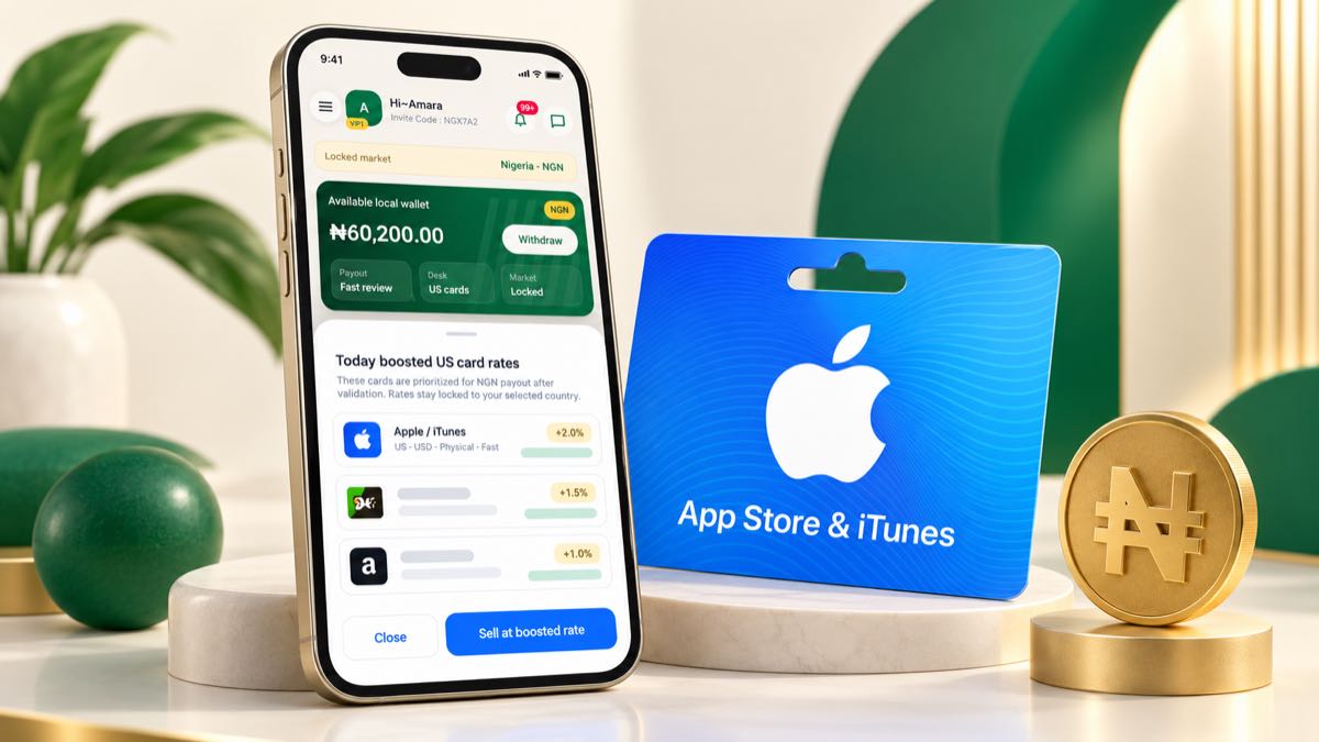 Kardora app rate screen beside an Apple gift card and NGN symbol