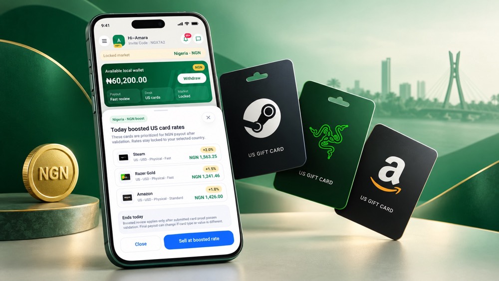 Kardora app showing current gift card options and NGN estimates in Nigeria