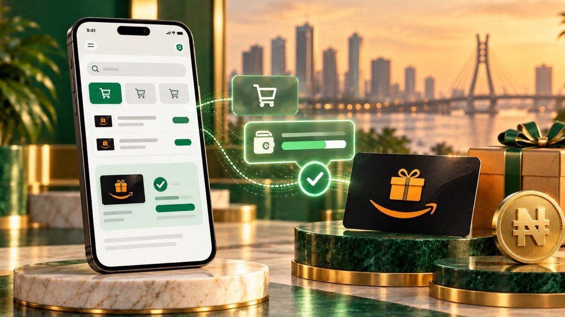 Amazon-style retail gift card beside a smartphone marketplace check and naira symbol