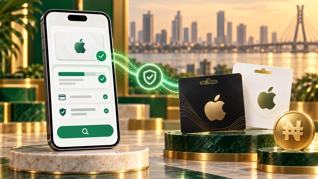 Apple gift cards beside a smartphone verification screen and naira symbol