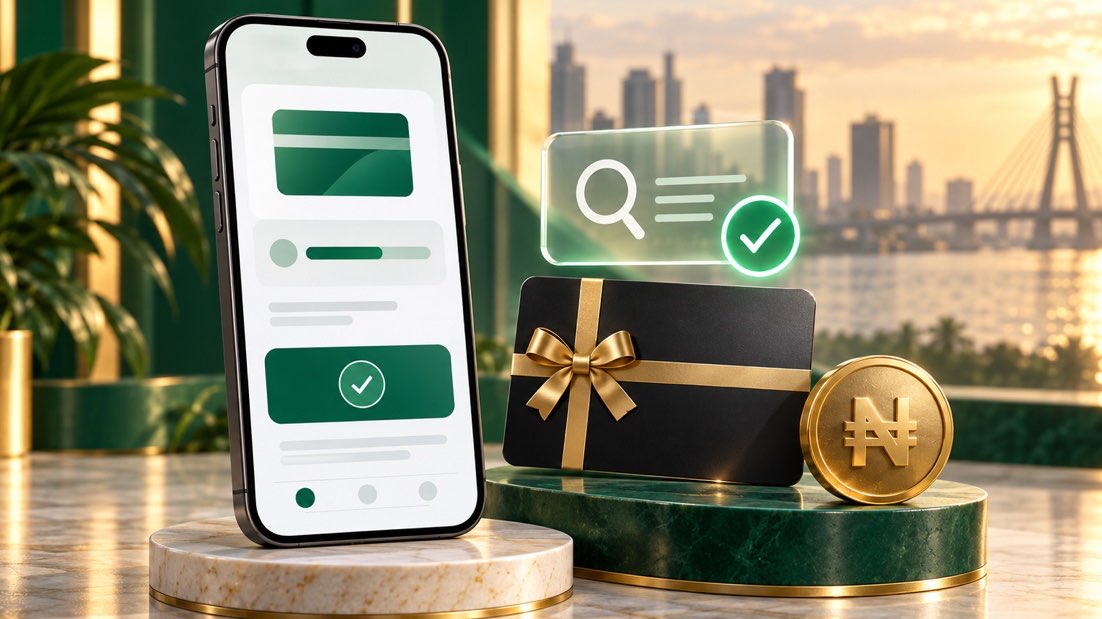 Smartphone checking a gift card balance beside a gift card and naira symbol