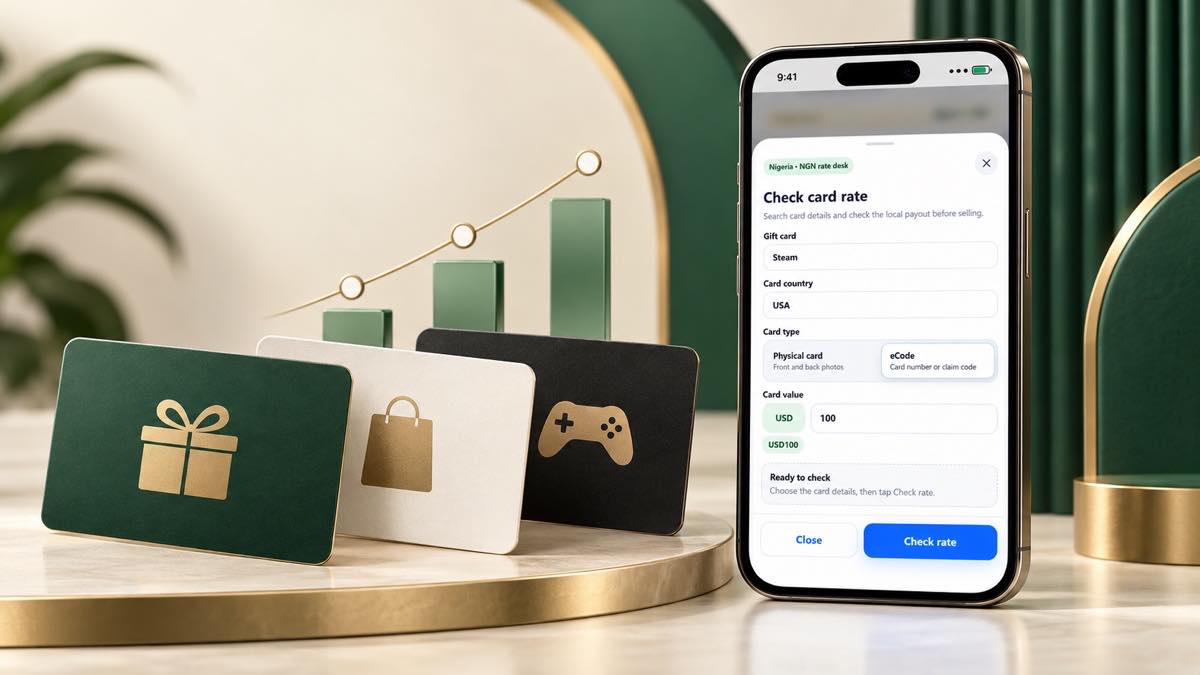 Kardora card rate checker shown with gift cards and a rate comparison motif
