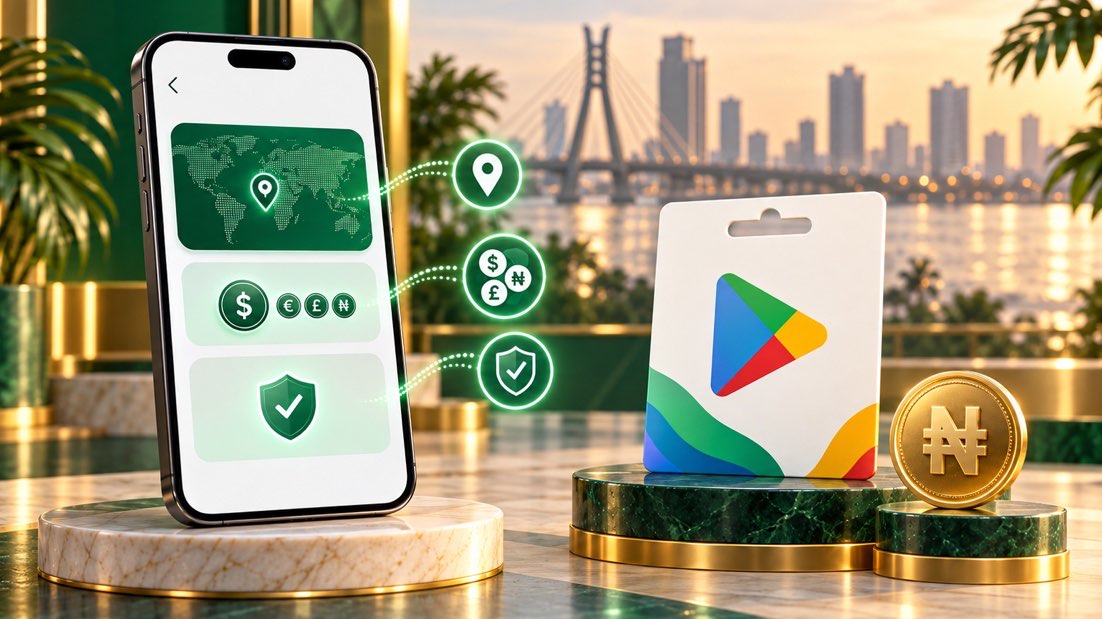 Google Play-style gift card beside a country and currency verification screen