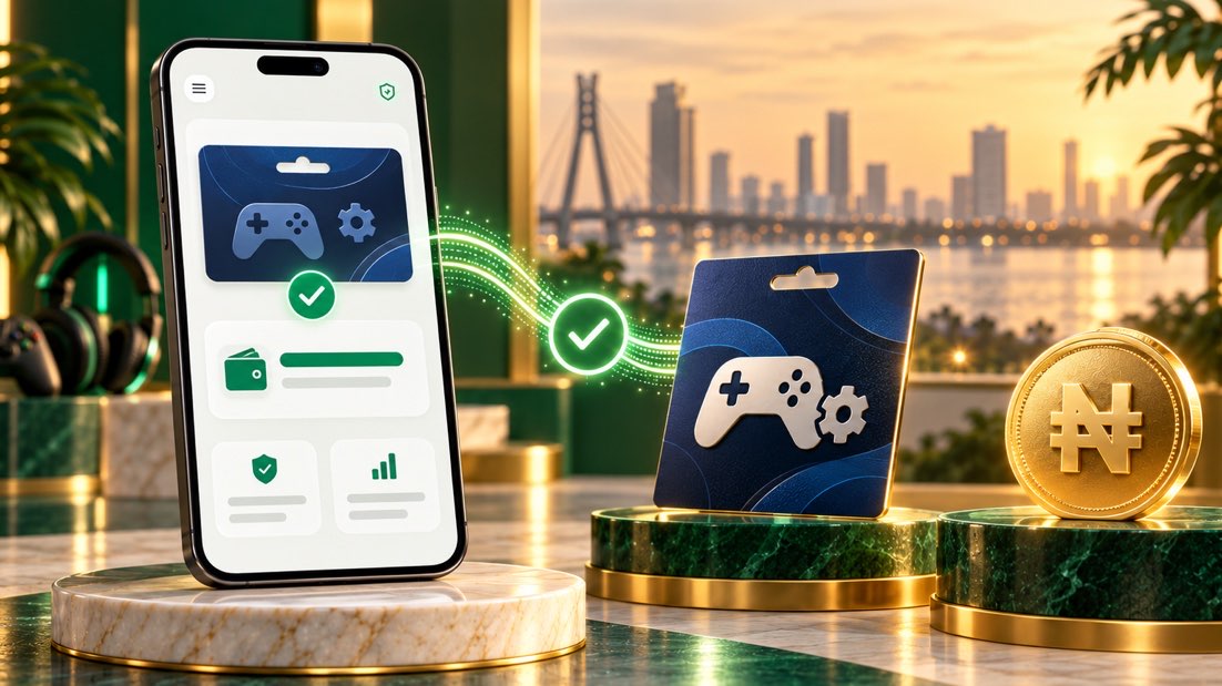Steam-style gaming gift card beside a smartphone verification screen and naira symbol