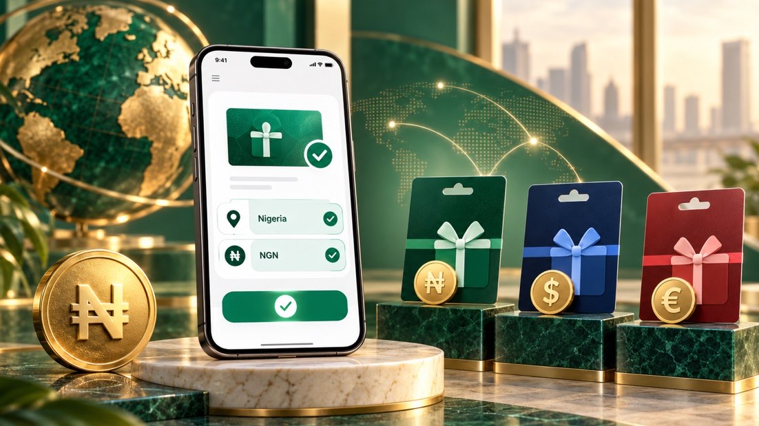 Gift cards from different regions beside currency symbols and a Nigerian naira selection