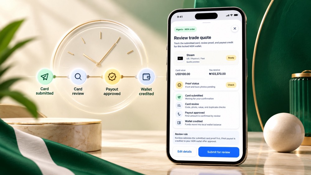Kardora app showing gift card submission, review, payout and wallet credit stages
