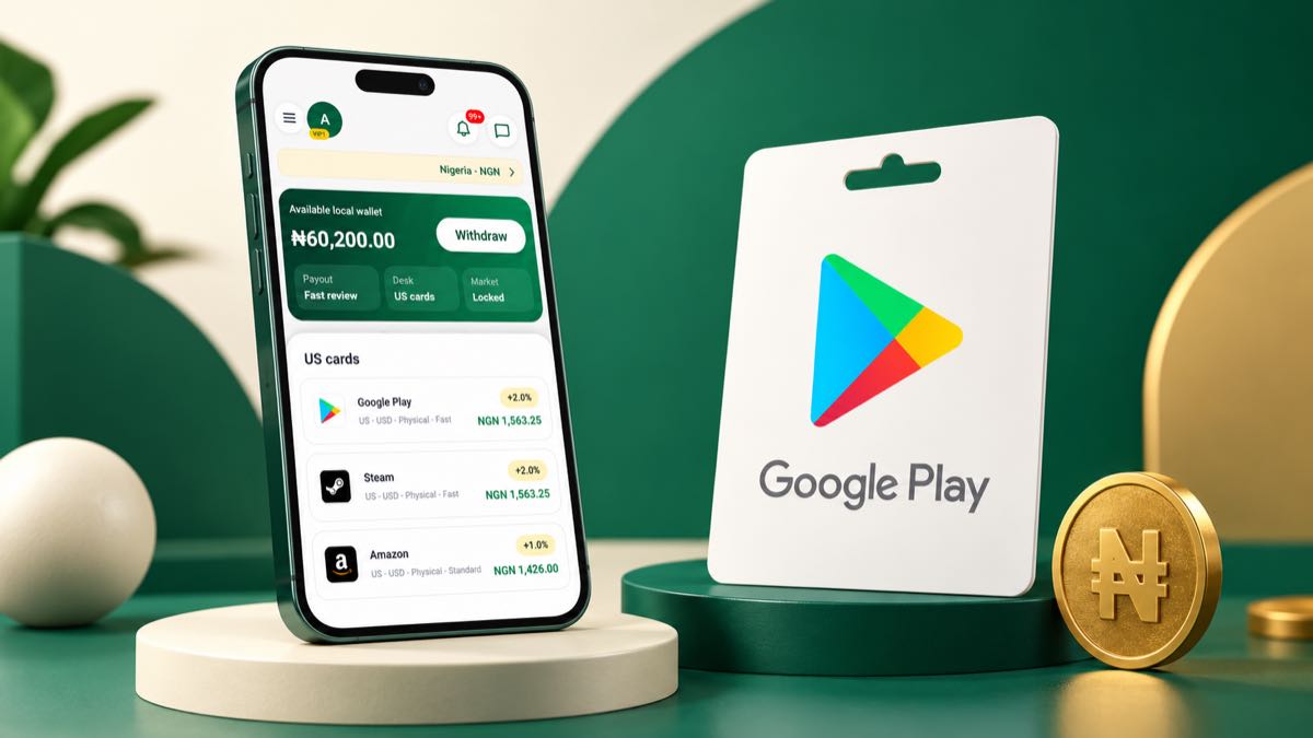 Kardora app rate screen beside a Google Play gift card and NGN symbol