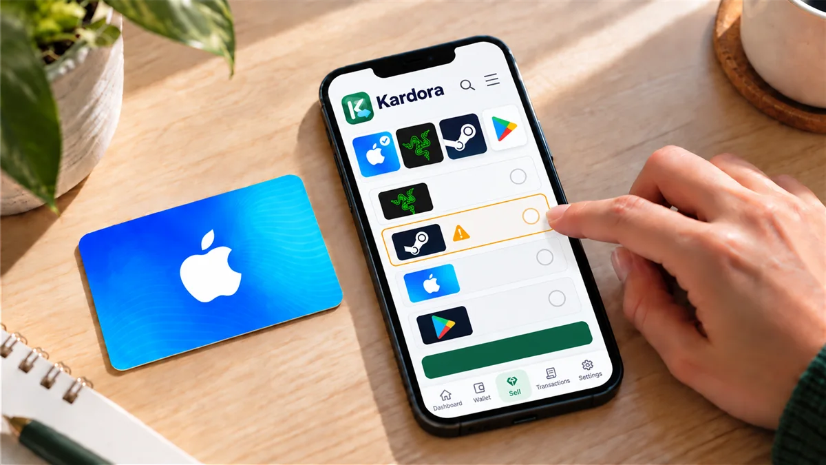 Illustration of an Apple gift card beside a phone showing Kardora card options, including physical card and eCode formats.