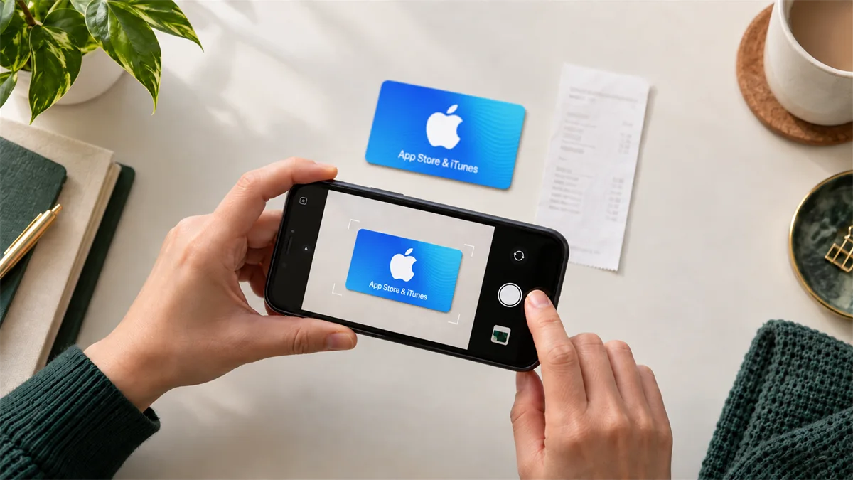 Illustration of a gift card being photographed for review beside a receipt and a phone displaying Kardora.