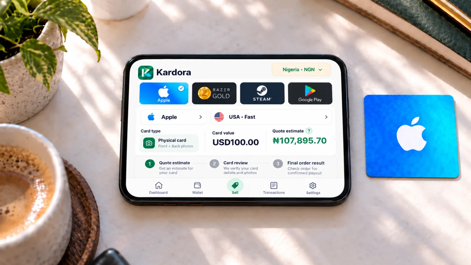 Illustration of a Kardora quote for a USD100 Apple USA physical card, followed by card review and a final order result.