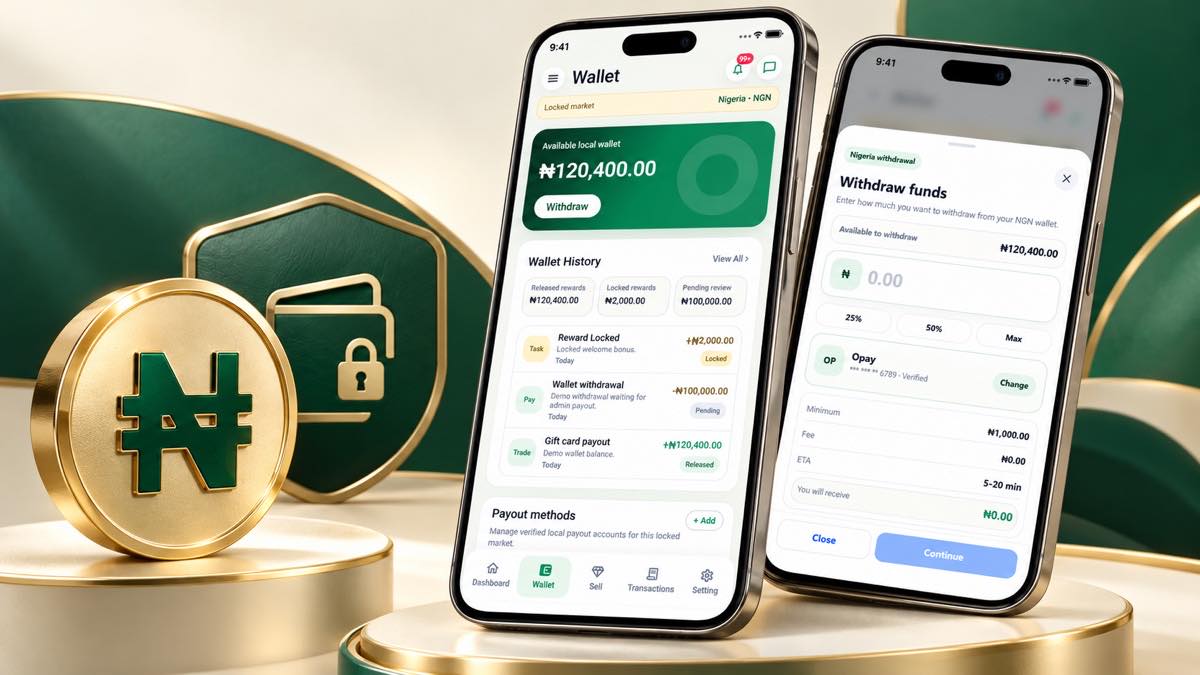 Kardora NGN wallet and withdrawal screens with a secure naira wallet symbol