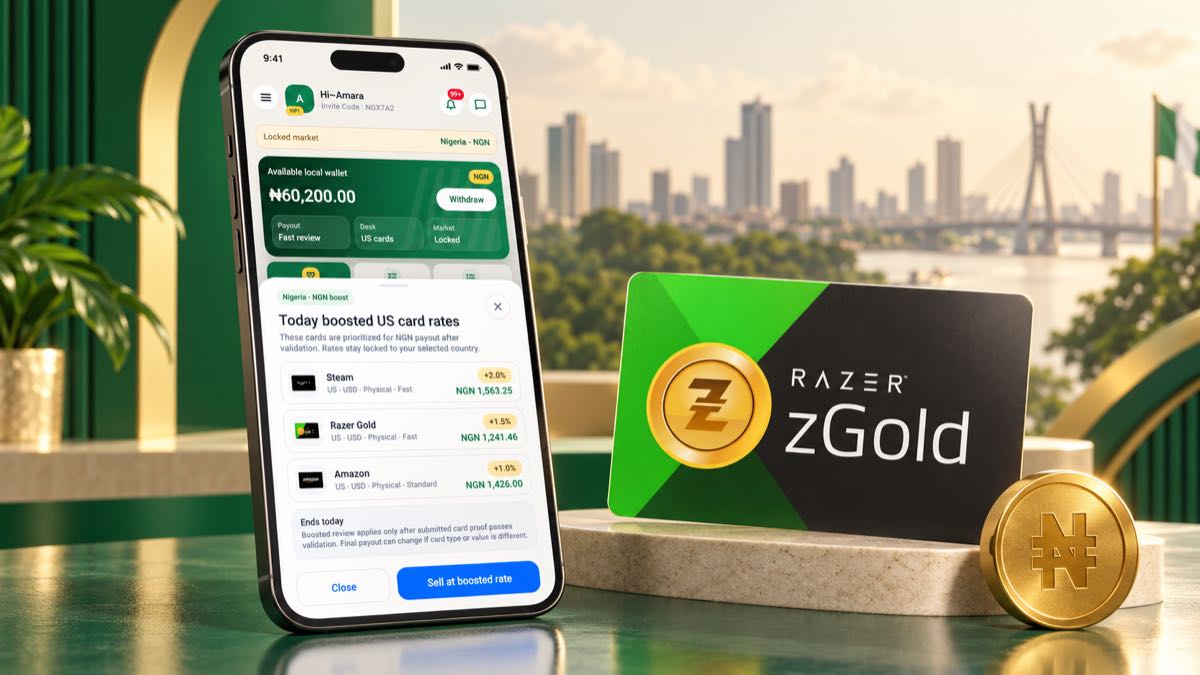 Kardora app rate screen beside a Razer Gold gift card and NGN symbol