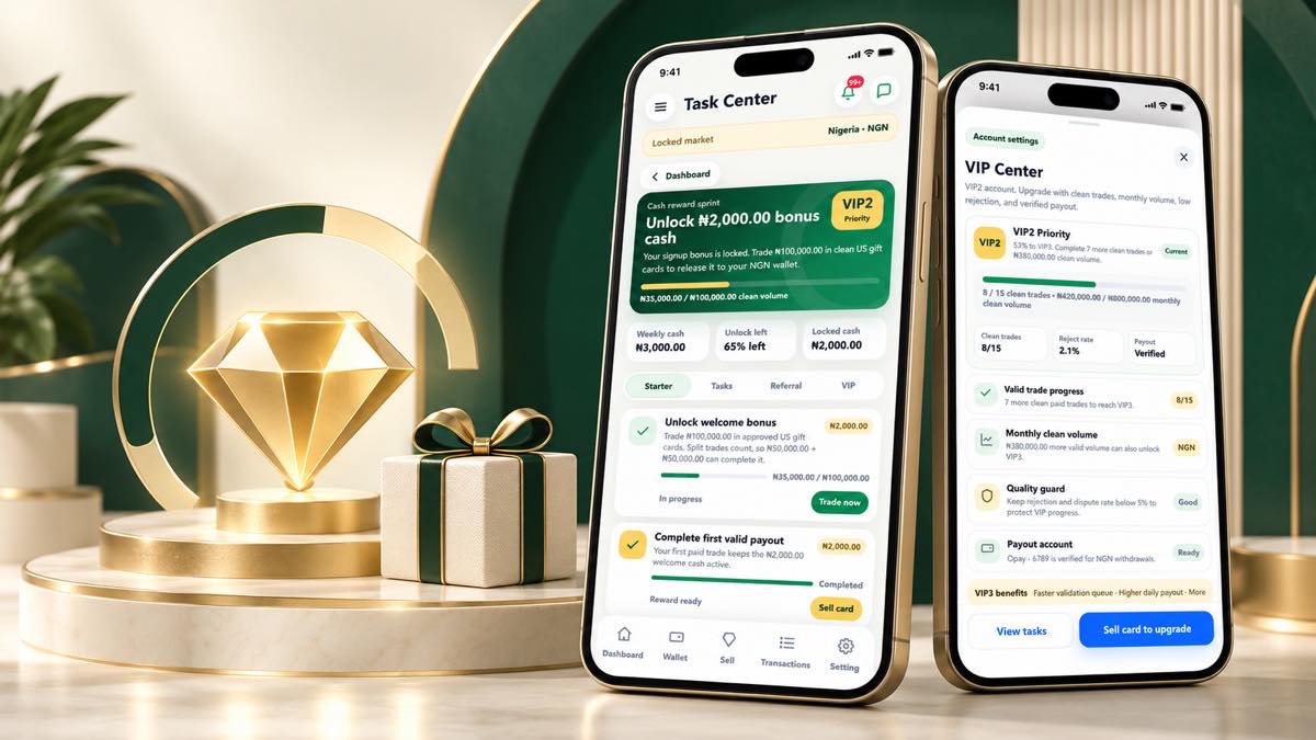 Kardora Task Center and VIP Center screens with premium reward symbols