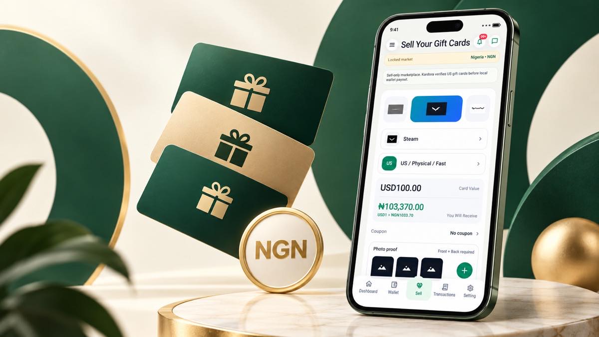Kardora gift card trading app shown with green and gold gift cards and an NGN symbol
