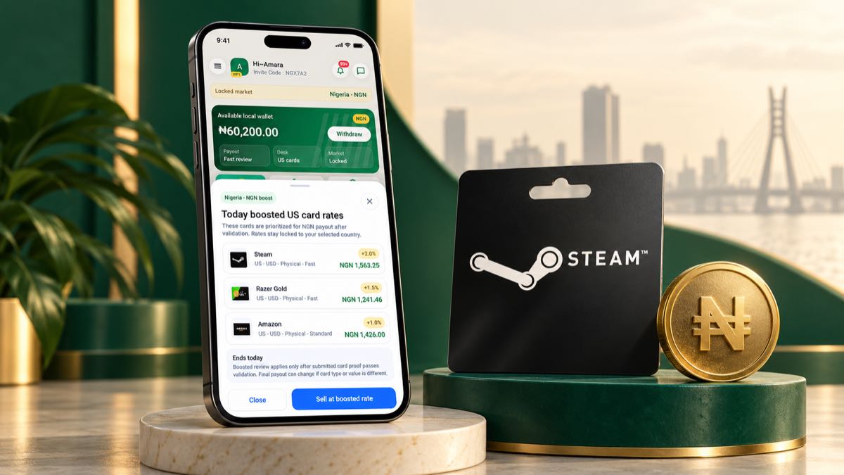 Kardora app rate screen beside a Steam gift card and NGN symbol