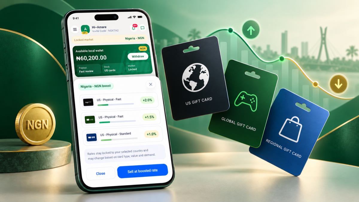 Kardora app rate screen with gift card variables and a changing market indicator